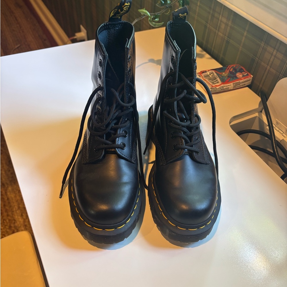 Dr. Martens Black Combat Boots with Yellow Stitching